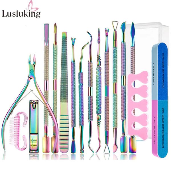 Kits de arte de uñas Arco iris Herramientas de acero inoxidable Empujador de cutícula Piel muerta Gel Polaco Quitar Nipper Limpiador Herramienta de cuidado Pedicura Manicura Set 230927