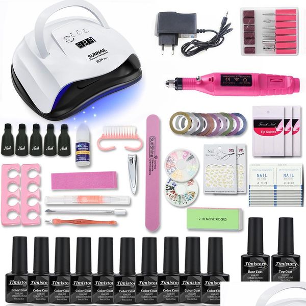 Kits d'art d'ongle ensembles ensemble de manucure de vernis de Gel de 10 couleurs avec 80/54/36W lampe à LED Uv perceuse électrique Hine Dhvfv