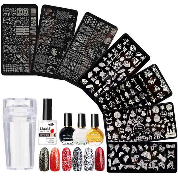 Kits d'art d'ongle Kit de plaques d'estampage pour manucure avec 10 ml blanc noir or vernis à l'huile timbre anti-débordement colle ensemble 230921