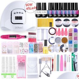 Nail Art Kits Super Manucure Set Gel Polish Dryer Kit Acrylique Avec Lampe Uv Led Soak Off Nails Outil Poignée Électrique Accessoires Nl158 Dhafk