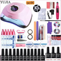 Nail Art Kits Yujia Gel Set Acryl Pools Kit met 90 W UV LED LAMP POLYGELS TOOLS234V