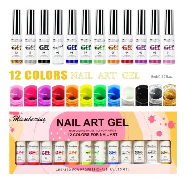 Pintura de arte de uñas, juego de pintura de gel de 12 colores, gel uv de color acrílico, punta de bricolaje arte de uñas para mujeres DIY de uñas