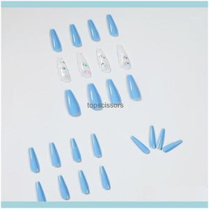 Nail Art Salon Health Beauty24Pcs Long Cercueil Faux Ongles Ciel Bleu Poudre Laser Papillon Manucure Patch Pré Conception Acrylique Full Er Baller