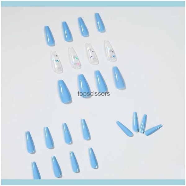 Nail Art Salon Health Beauty24Pcs Ataúd largo Uñas postizas Polvo azul cielo Láser Mariposa Manicura Parche Prediseño Acrílico Full Er Baller