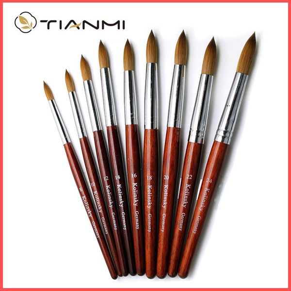 Pinceles para uñas Kolinsky Juego de pinceles acrílicos Arte de buena calidad Mango de madera de visón Gel Constructor Manicura Herramientas de dibujo Tamaño 8-24