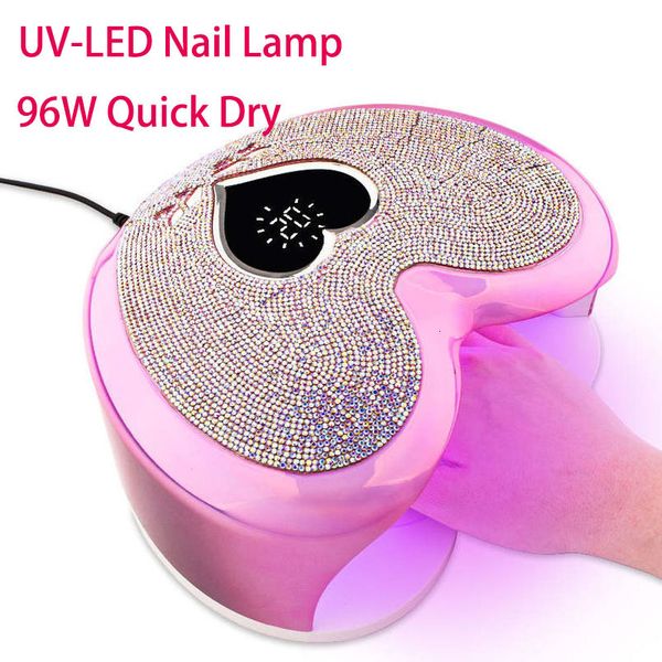 Sèche-ongles 96W UV-LED Lampe à ongles Professionnel Forme de coeur Gel Polish Cure Lampe Rose Lumière du soleil Séchage des ongles Machine de manucure avec strass 230619