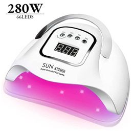 Nageldroger SUN X12 MAX 280W UV LED-lamp met 4 timerinstellingen 66LEDS Draagbare droger Professioneel voor nagels 230831