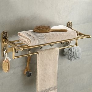 Porte-serviettes de bain en laiton antique pliable sans clous, support de salle de bains actif, double étagère avec crochets, accessoires Y200407