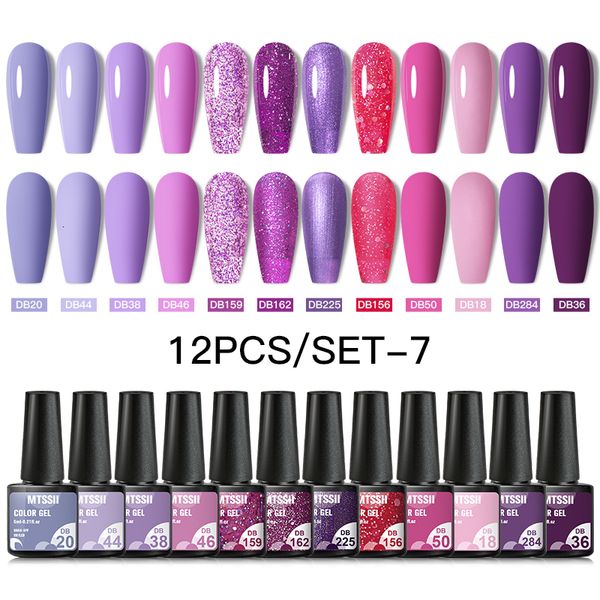 Gel de uñas 1012PCS Conjunto de esmalte Purpurina púrpura Semipermanente Soak Off UV Led Barnices híbridos Base Top Coat Art Kits 230714