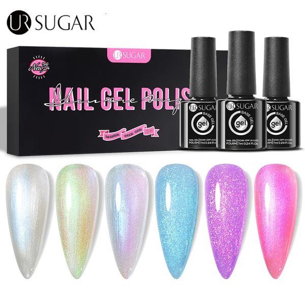 Nail Gel UR SUGAR 6 pièces/ensemble Kit de vernis à ongles Gel Semi Permanent Aurora paillettes Gel de Base en caoutchouc tremper UV LED vernis à ongles boîte-cadeau bricolage 231124