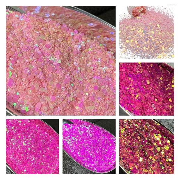 Brillo para uñas, 100g/500g, rosa, venta al por mayor, abalorios hexagonales de varios tamaños, polvo de lentejuelas para manualidades, resina para uñas, cara y cuerpo