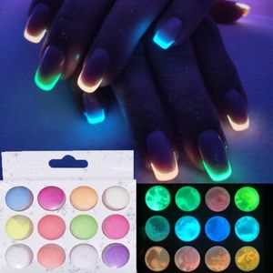 Brillo para uñas, 12 cajas/juego, pigmento en polvo fosforescente que brilla en la oscuridad, decoraciones artísticas navideñas de Halloween brillantes