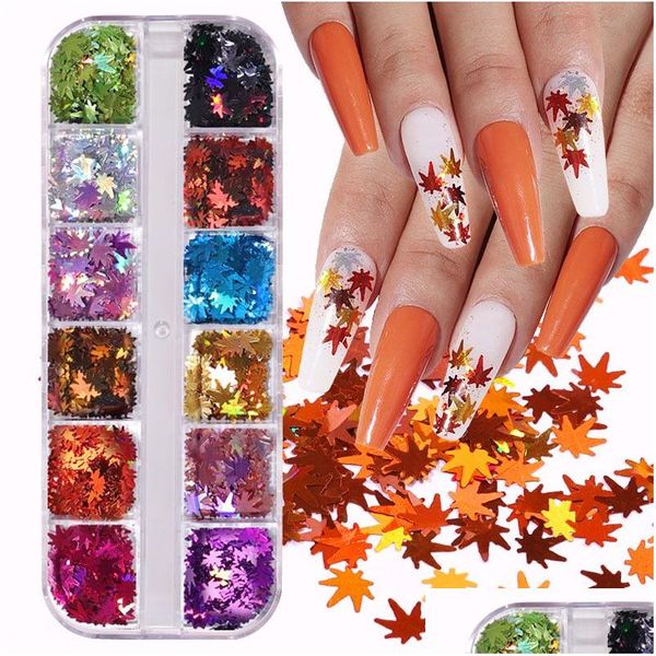 Brillo de uñas 12 colores Hojas de arce Arte Lentejuelas Copos holográficos Paillette Hoja de otoño Pegatinas para uñas Diy Decoraciones de otoño Dro Dh6Op