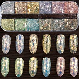 Nail Glitter 12 Grids Gradiënt Mermaid Flake Hexagon Holo Pailletten Poeder 3D Manicure Art Pailetten Decoratie Tips 230808