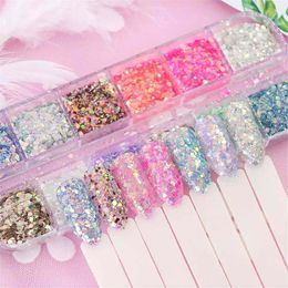 Nagelglitter 12Gridbox Mermaid Sequins Flakes Mixed zeshoek Sparkle Slices Paillette Decoratie 3d Neon Manicure Accessory J67# 230814