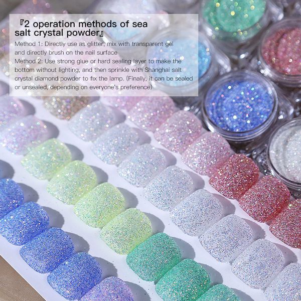 Nail Glitter 12PcsLot Mer Sel Diamant Cristal Poudre 3gPc Art Décorations Aurora Brillant Sucre Poudre Pour Ongles Décors Ensemble # G9 230802