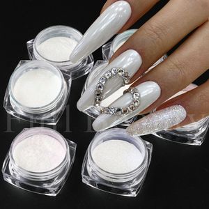 Nail Glitter 1Box White Fairy Chrome Pearl Nail Powder Glass Merainbow Aurora Pigment Dust Glitter Nail Art UV Gel Polish Paillette LAB0107 230705