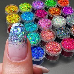 Brillo de uñas 24 colores Nail Art Decoraciones Polvos Set 3D Glitter Holográfico Redondo Hexágono Diseño Nail Lentejuelas DIY Accesorios de uñas Suministros 230830