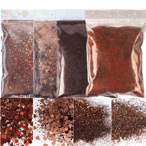 Nail Glitter 4 Bag50g Brown y Fine Poudre Paillettes Décoration Mélange Holographique Hexagone En Vrac Chrome Pigment Ongles Accessoires 230801