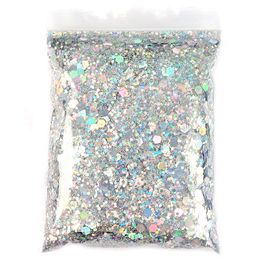 Nagelglitter 50G holografisch gemengd zeshoekige vorm Chunky nagelglitter Zilver pailletten Laser sprankelende vlokken Plakjes manicure nagels kunstdecoratie 230921