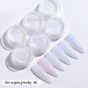 Paillettes pour ongles 6 boîte/ensemble brillant poudre de sable de sucre irisé pour ongles 3D acrylique fleurs Design blanc bleu paillettes décoration