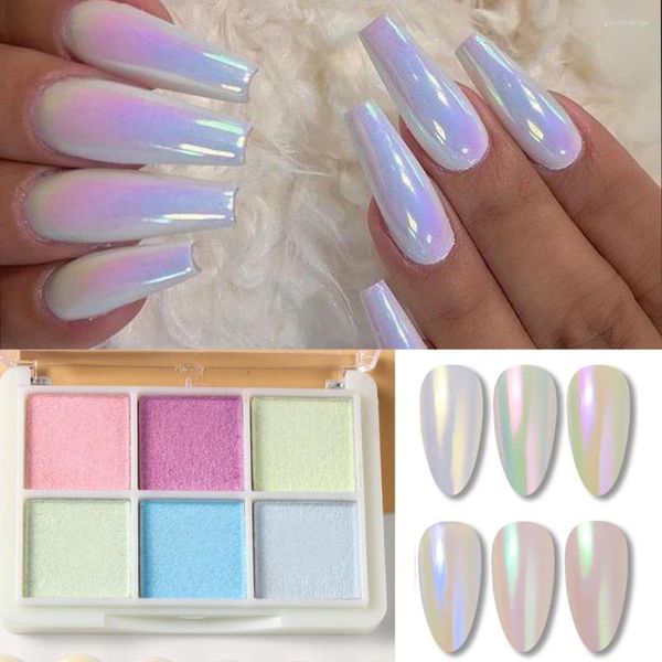 Brillo de uñas 6 colores polvo de perla polvo Aurora espejo sólido cromo pigmento efecto Metal uñas UV Gel polaco decoraciones artísticas