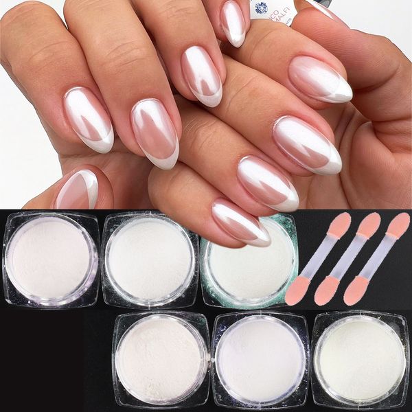 Nail Glitter 6Pcs Pearl Nail Powder Set Avec Brosse Aurora Chrome Poudre Shimmer Blanc Glitter Sirène Frottant Poussière Pigment Manucure NTY451 230705