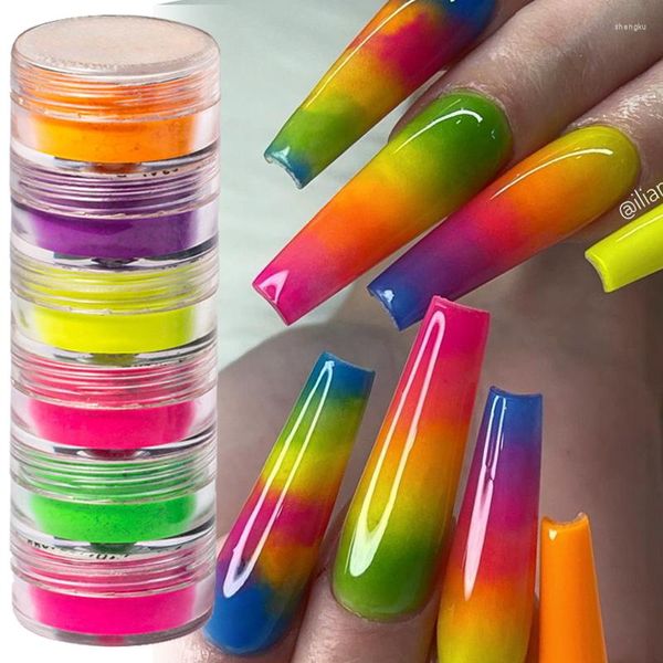 Nail Glitter 6Pcs / Set Neon Art Poudre Lumineux Maquillage Mat Fard À Paupières Chrome Manucure Pigment Fluorescent DIY Décorations Poussière