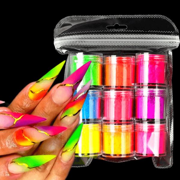 Nail Glitter 9 Box Neon Powder Super Bright Fluorescence Pigment Dust Iridescent Designs Décoration Fournitures pour Professionnels Ensembles 230714