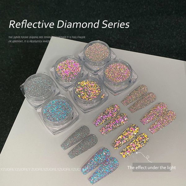 Nail Glitter Boxed1 Reflective Diamond Powder Nail Glitter Net 23g Shinning Crystal Pigment Dust UV Gel Polish Manucure Poudre 230705