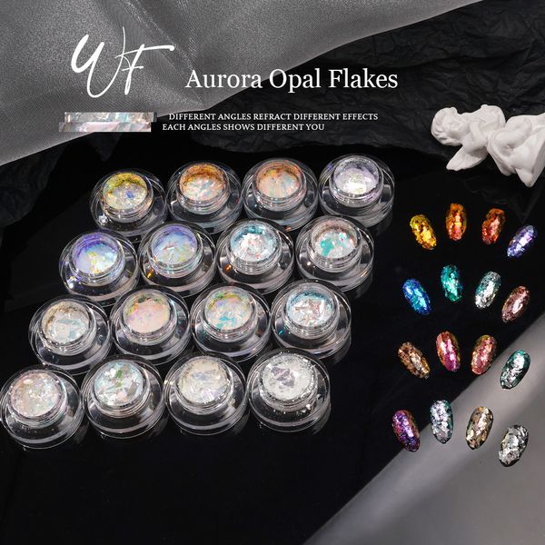 Uñas brillo hndo aurora copos irregulares ópalo de cristal polvo para uñas arte profesional de bricolaje manicure wf series de 16 colores al por mayor 230816