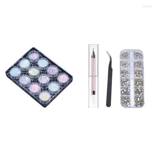 Pierres à paillettes pour ongles, avec pince à épiler et stylo de ramassage de strass, ensemble de pigments en poudre, paillettes fluorescentes Prud22