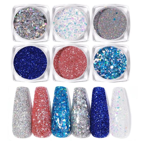 Glace à ongles à travers les paillettes de paillettes Hexagon Paillette Flocs Flocs Sparkling Pigment Powder Power Manucure Decoration Conseils