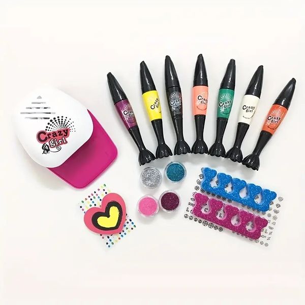 Kit de uñas para niñas de 4 a 12 años - esmalte de uñas para niños con secador de uñas, bolígrafos de 2 en 1 uñas, uñas pegajosas, herramientas de decoración de manicura de maquillaje de maquillaje de arte de arte de uñas