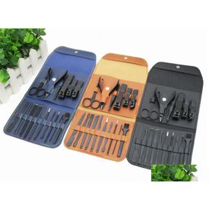 Ensemble de manucure à ongles 16 Pcs Clipper Kit de coupe-ongles Sharp Pédicure en acier inoxydable noir avec étui en cuir Pu pour ongle Drop Dhunf