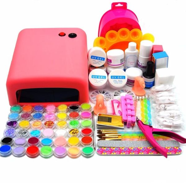 Nail Manucure Set Whole 36W Pink UV lampe acrylique Gel Powder Liquid Primer Primer Crystal Brush Buffer Tools Kit7926219