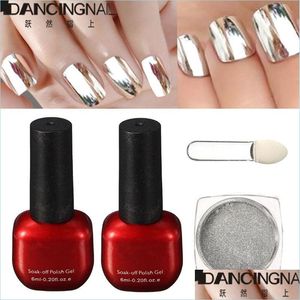 Juego de manicura para uñas Venta al por mayor 4 Unids / set Shinning Sier Mirror Glitter Powder Nail Art Magic Chrome Pigment Dust Base Coat Top Uv Gel Kit Dhamd