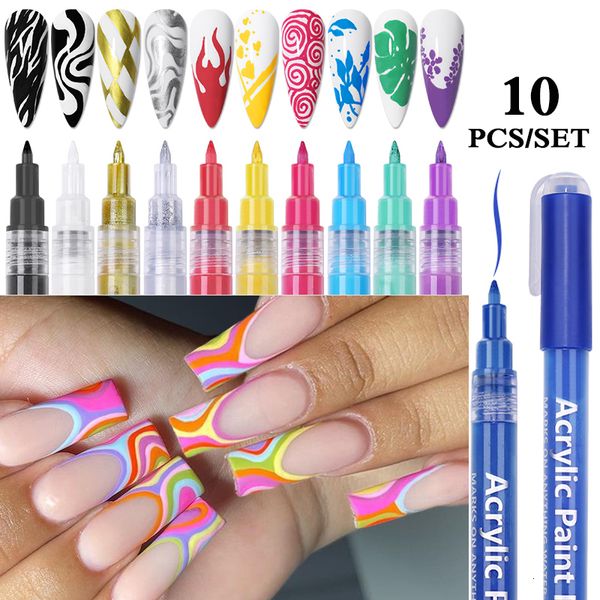 Esmalte de uñas 10pcs Negro Blanco Oro Plata Impermeable Nail Art Graffiti Pen Pintura colorida Detalle Pluma Dibujo Nail Art Accesorios Herramienta 230717