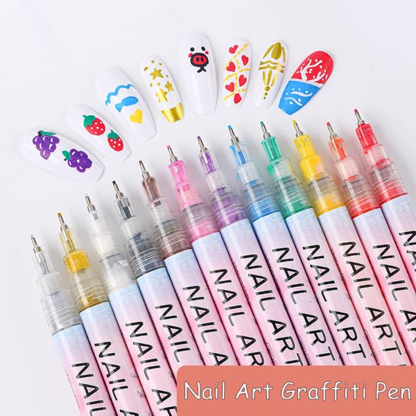 Vernis à ongles 12pcs / set Nail Art Graffiti Stylo Noir Or Couleur Gel UV Vernis Conception Dot Peinture Dessin Stylo Doublure Brosse Ongles DIY Fleur Outils 230804