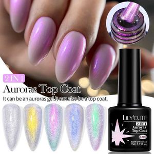 Vernis à ongles Lilycute 7ml Auroras Top-top couche Effet de perle irisé étincelant des paillettes semi-permanentes au large de base de gel de gel uv base nail art y240425