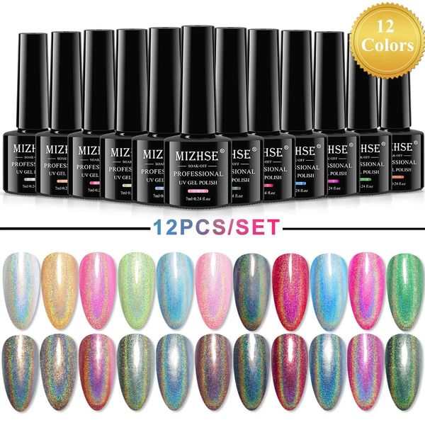 Vernis à ongles MIZHSE 12pcs Gel holographique Set Brillant Laser Semi Permanent UV LED Vernis pour Manucure Design 231012