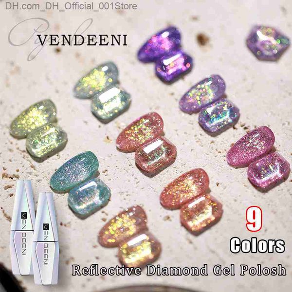 Esmalte de uñas Vendeeni 9 colores flash chip diamante gel esmalte de uñas flash esmalte de uñas arte gel barniz efecto reflectante UV pegamento de uñas calcomanía Z230802