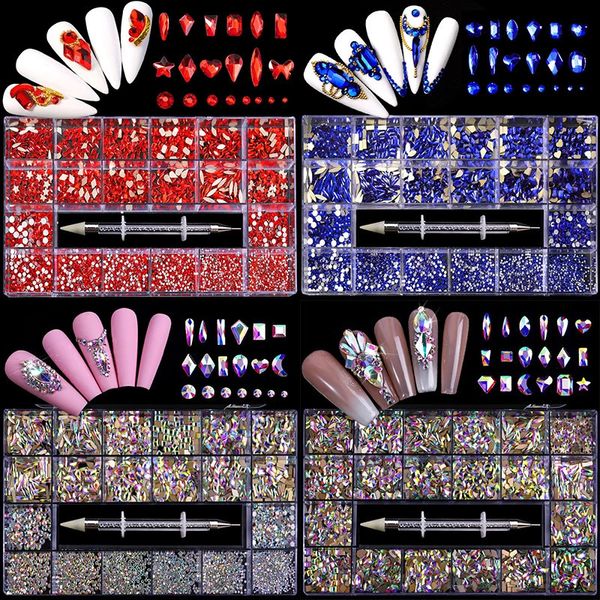 Kit de strass de ongles mixtes AB Glass Crystal Diamond Nail Art Art Decorations 21 Boîte de grille ACCESSOIRES ACCESSOIRES avec 1 Pick Up Pen 240401