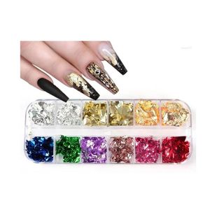 Nagelstickers 12 rasters Aluminiumfolie Glitter Pailletten Vlokken Goud Zilver Onregelmatig Papier UV Gellak Voor Nagels Decoraties BJ