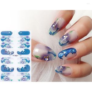 Autocollants pour ongles 14 conseils aquarelle mer bleu Gel vernis pour manucure paillettes complètes 3D décor ongles Art