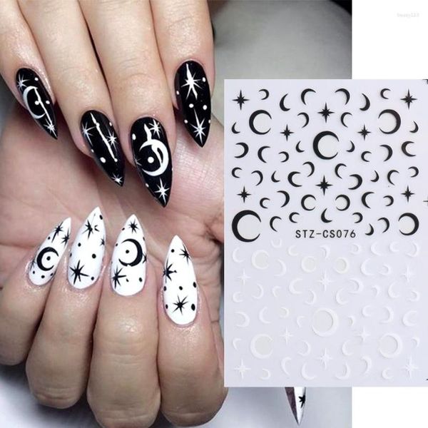 Autocollants ongles 3D Black White Moon Star Art Checkerboard Smile Flame Design Patterns Transfer DeCal Manucure