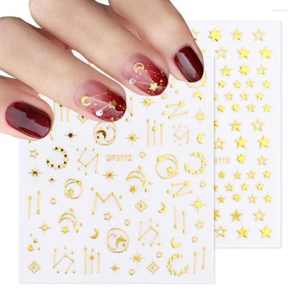 Pegatinas de uñas 3D Luna estrellas adhesivo dorado cielo estrellado galaxia planeta geometría corazón decoración uñas arte calcomanías BEDP3169-3180-1