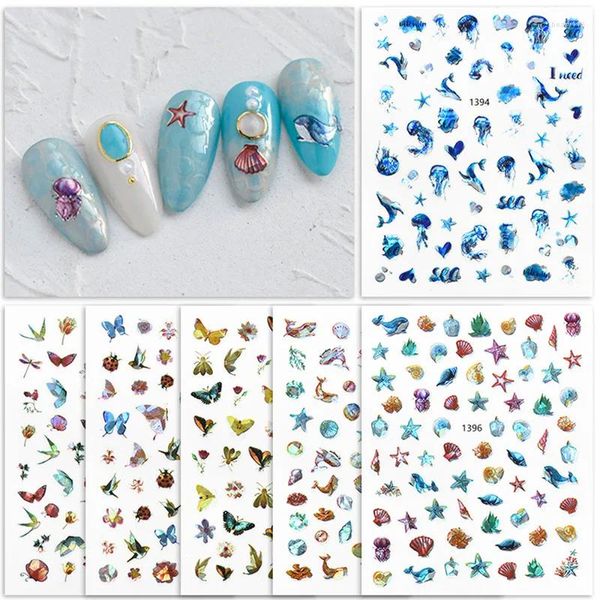 Autocollants pour ongles, 50 pièces, papillon, oiseau, baleine, mer, océan, série Nature, Design artistique, autocollants adhésifs pour décoration de manucure