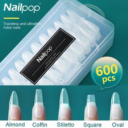 Nailpop Faux Ongles Gel X Conseils Court Amande/Cercueil Couverture Complète Acrylique Presse sur Faux Ongles Capsule Américaine Fournitures D'art et Outil 231227