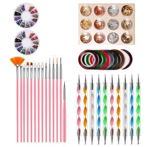 NAK001 kits d'outils d'art d'ongle avec 15 pièces ongles pinceaux de peinture stylo à pois ensemble d'autocollants en étain ruban de manucure couleur strass